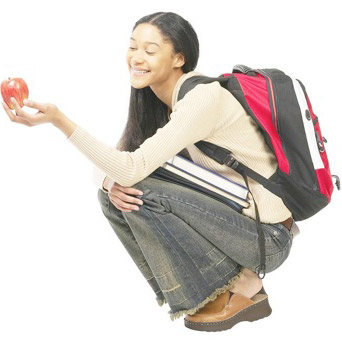 photo of a student with a backpack and an apple
