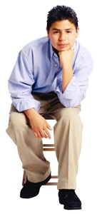 photo of student sitting with chin on fist, thinking